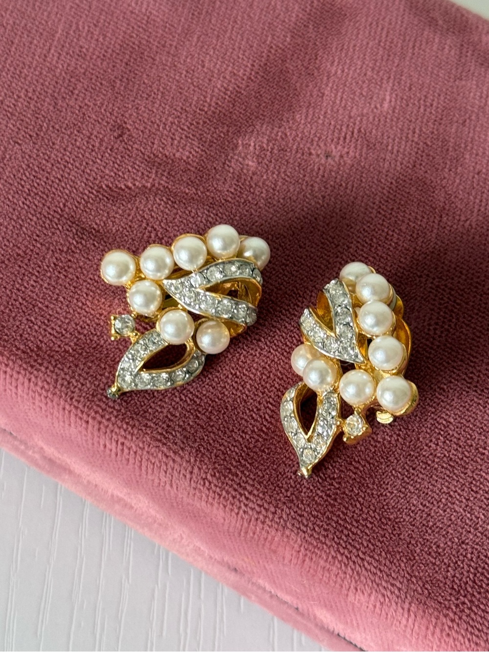 Gold Tone Faux Pearl Rhinestone Clip-On Earrings